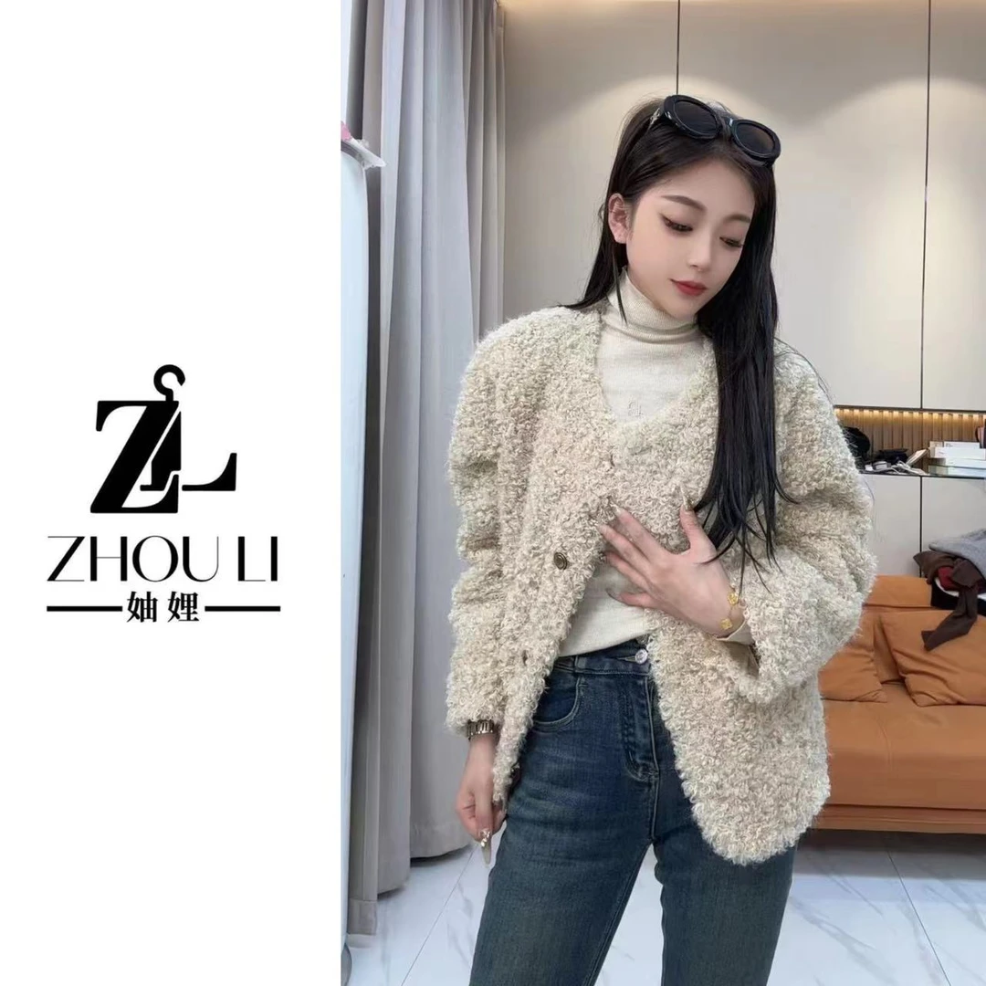 妯娌甄选【韩系温柔~】冬季新款高端显瘦纯色单排扣皮毛一体上衣