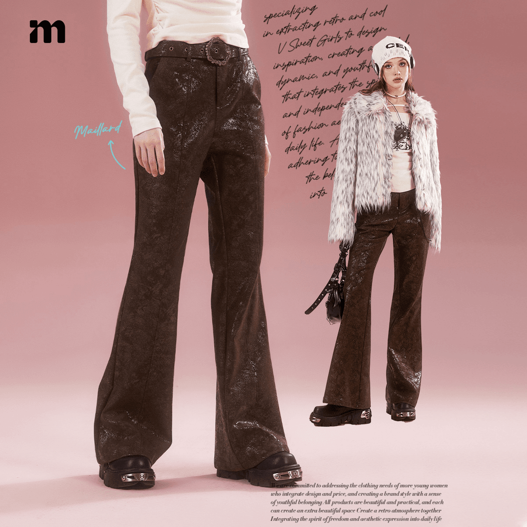 I'm one复古高腰休闲棕色皮裤微喇叭秋冬显瘦DTK012