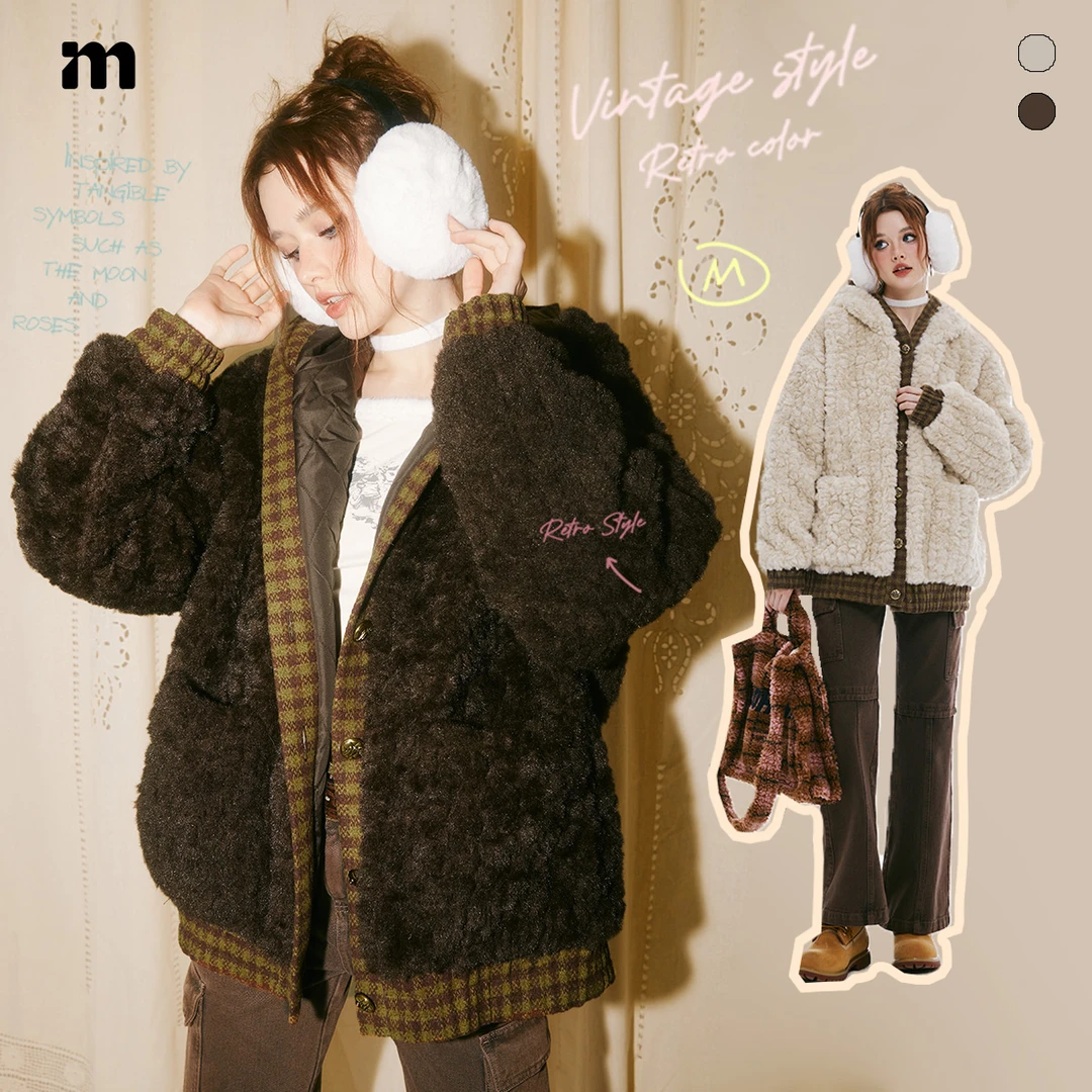 I'm one保暖舒适毛绒加厚格纹拼接毛毛外套冬季DTM004