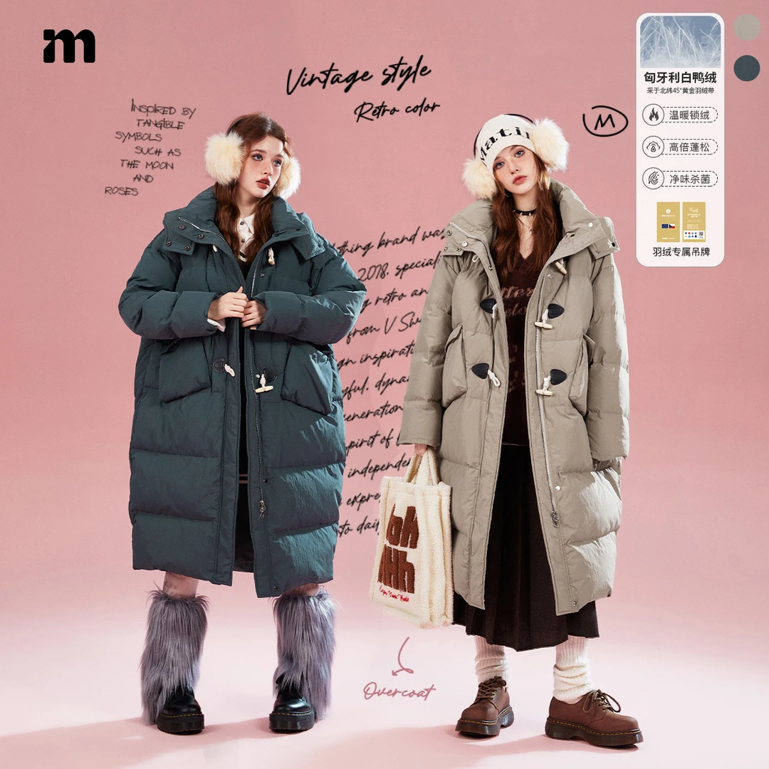 imone复古学院牛角扣长款加厚羽绒服女冬季宽松连帽外套DTY010