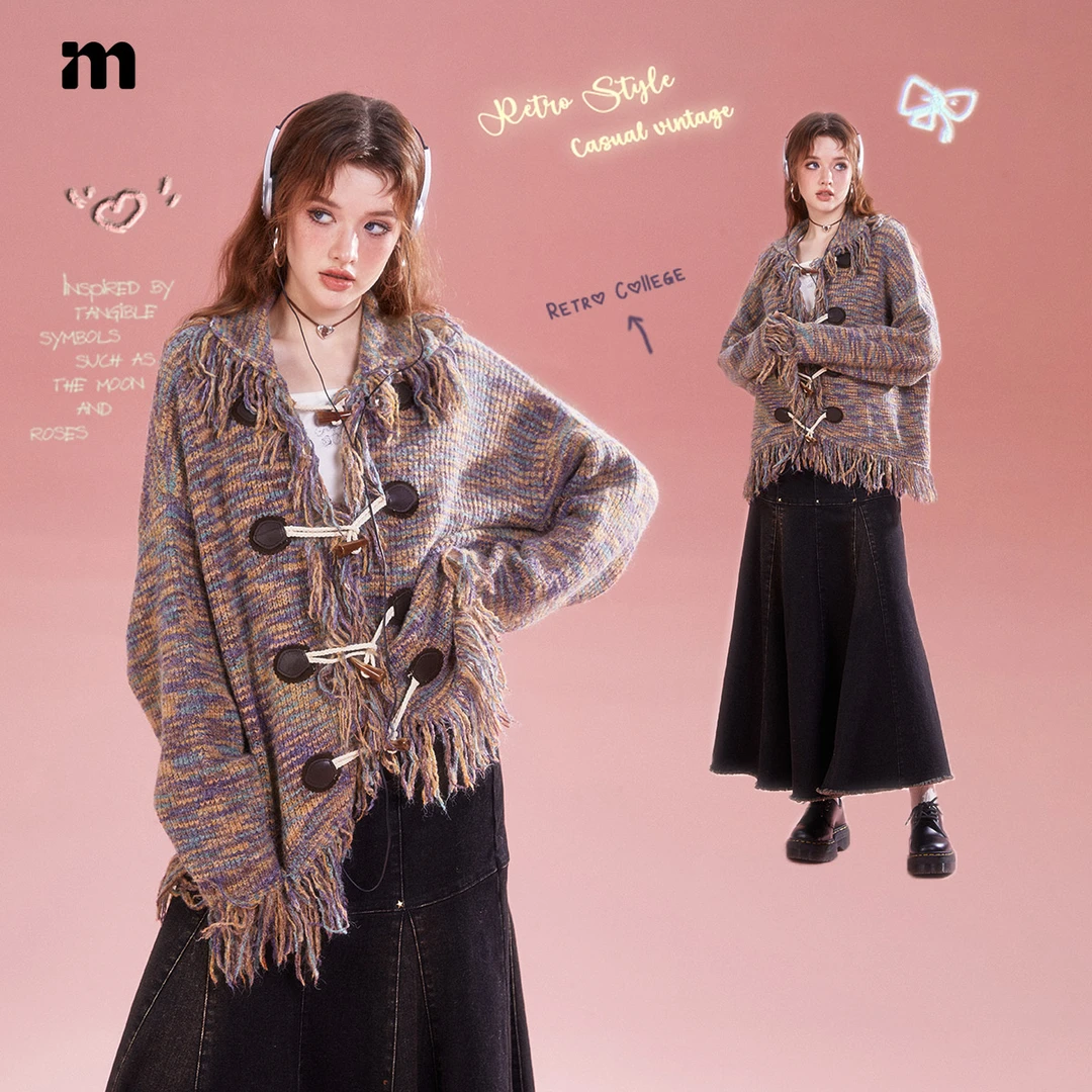 I'm one复古重工彩色流苏牛角扣针织开衫设计感宽松秋冬DTW016