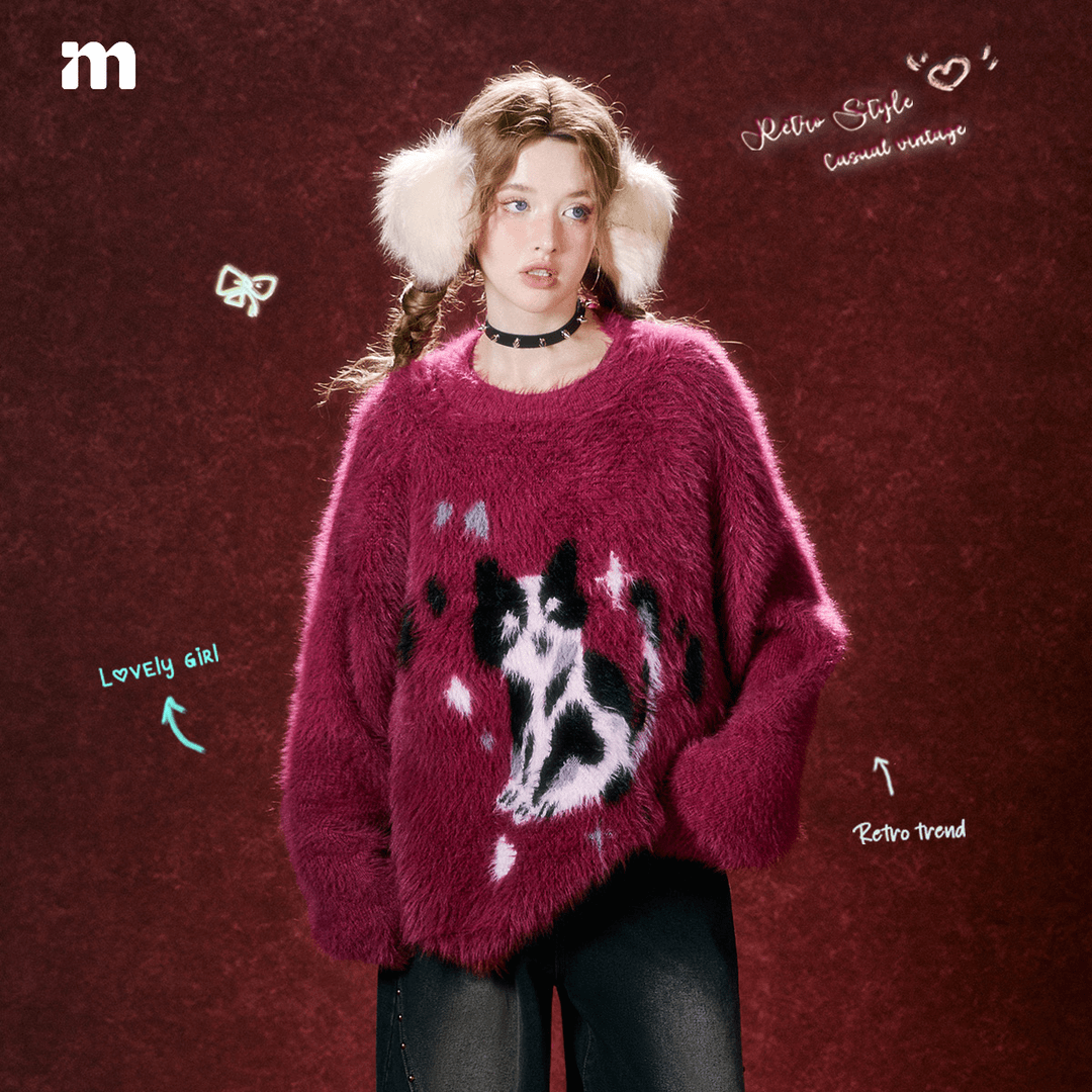 I'm one复古软糯圆领针织毛衣猫猫提花宽松冬季DTO043