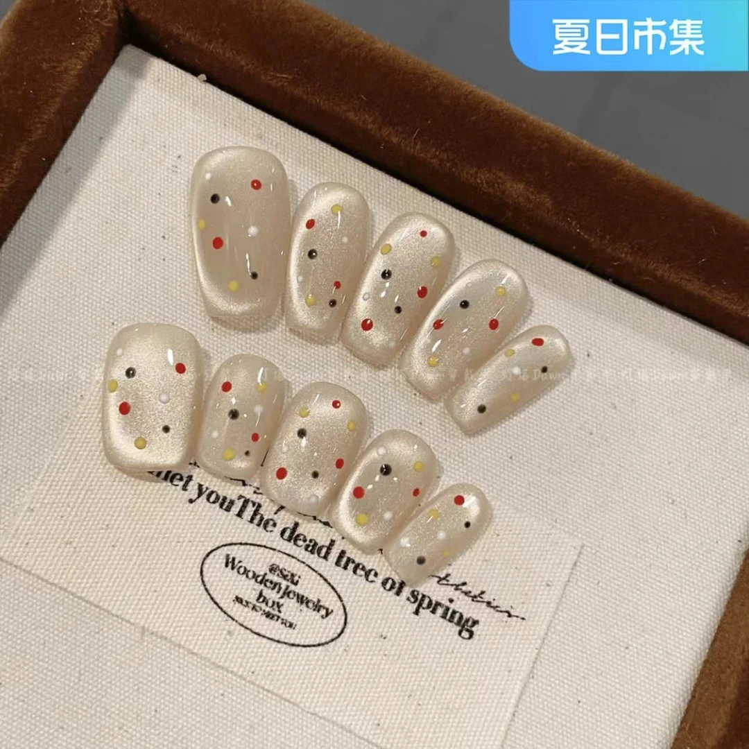 手工穿戴甲『星空波点』短款彩色波点美甲贴片学生可爱猫眼2024款