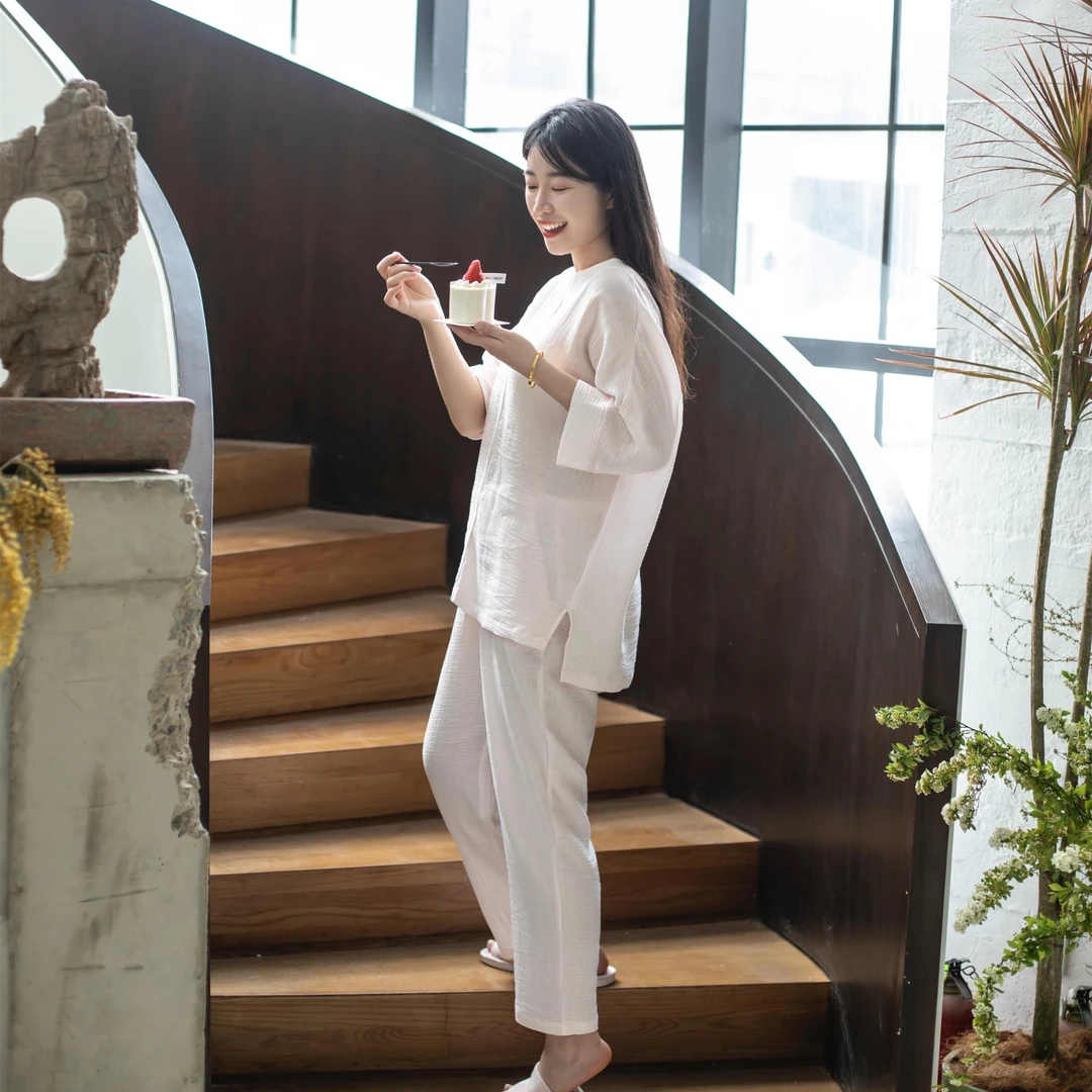 宜色家2024新款夏季纯棉60支清凉超细纱棉花糖家居服睡衣套装V
