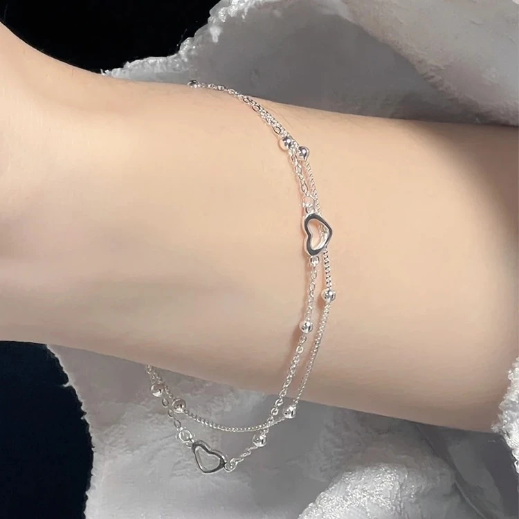 足银手链 纯银999网红女小众设计双层叠戴爱心手饰生日冷淡风礼物