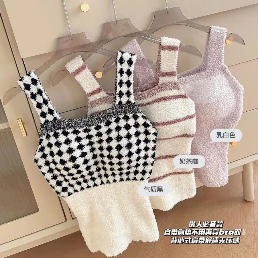 秋冬新款羊毛羔吊带保暖背心女带胸垫加厚显瘦针织打底上衣