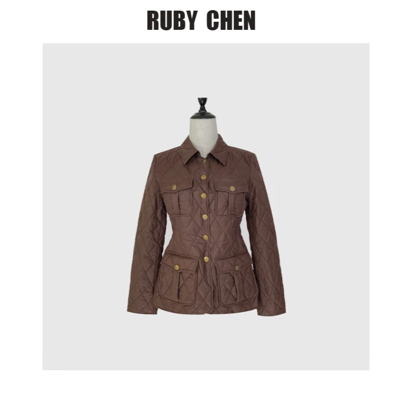 全姐~气质时髦菱形格纹老钱风收腰修身棉服外套女2024新品外套