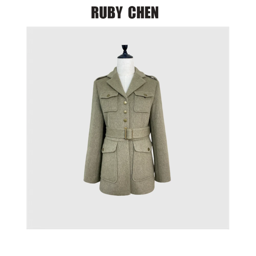 轻奢贵气单排扣收腰系腰带短款单面毛呢外套女2024新品上衣