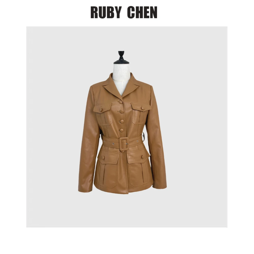 翻领单排扣老钱猎装收腰皮衣外套2025年春季新品