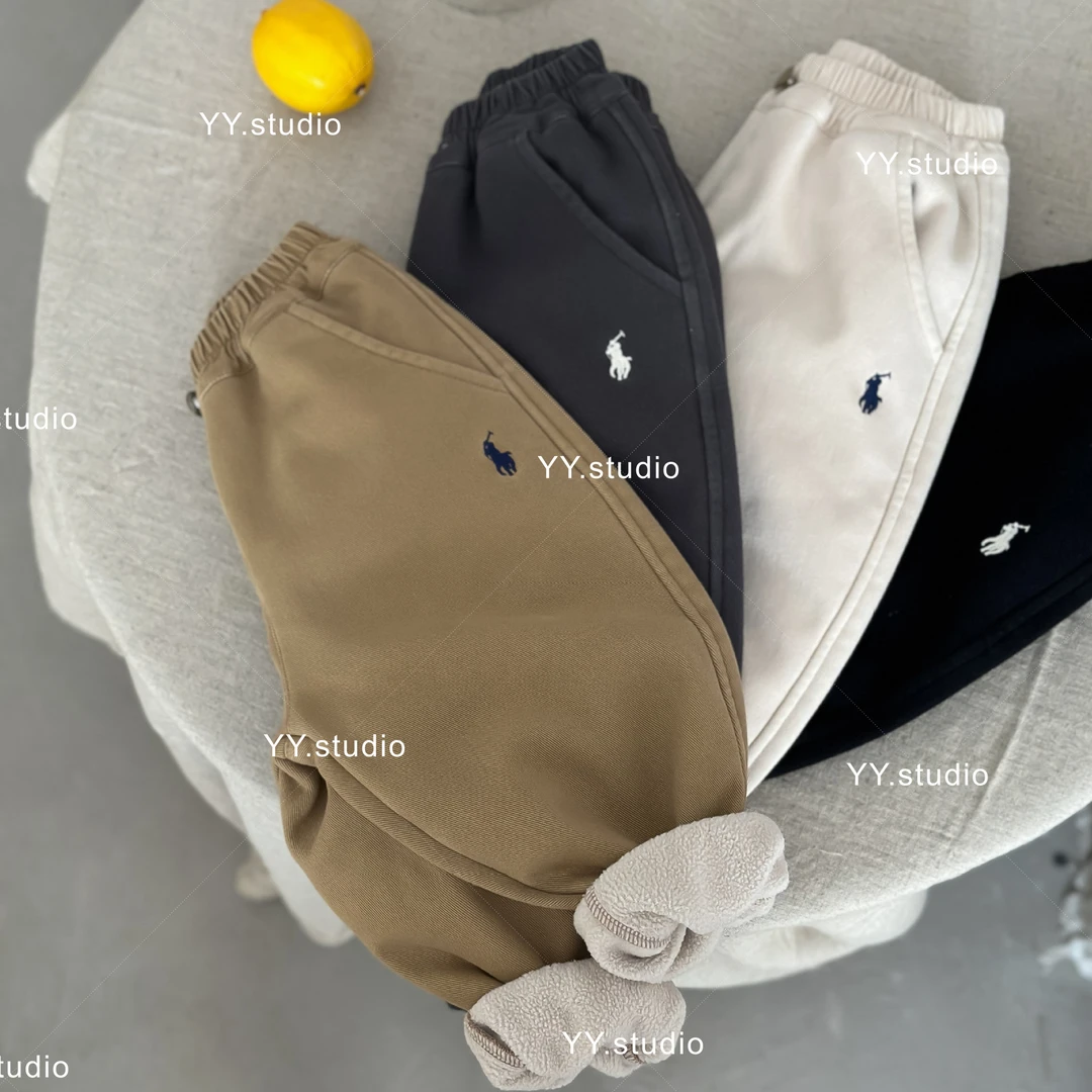 Y.Ystudio-儿童长裤冬款加绒男女童刺绣加厚棉布裤宝宝弹力休闲裤