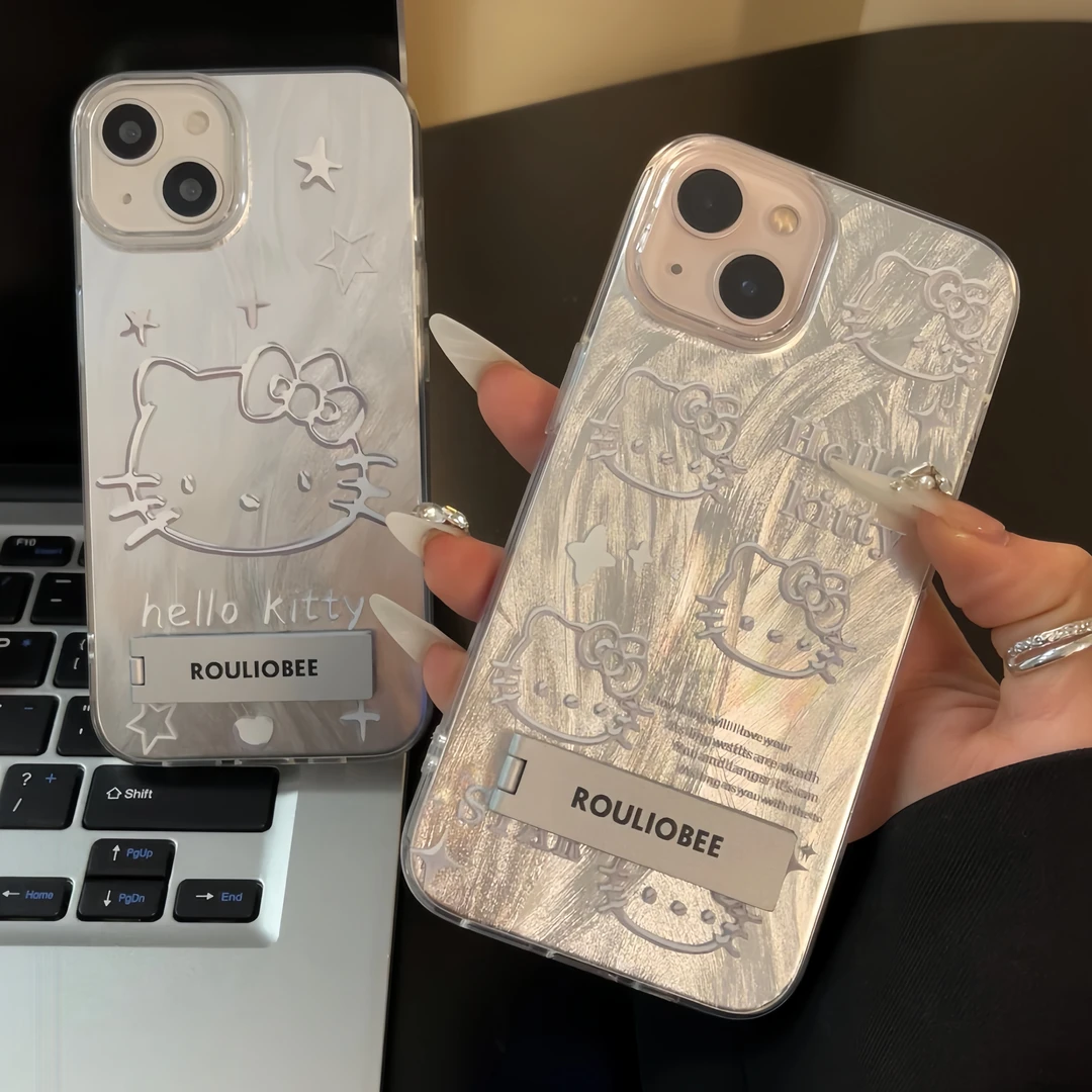 夕与空多个银色KT羽纱壳支架适用苹果15手机壳华为vivo小米oppo软