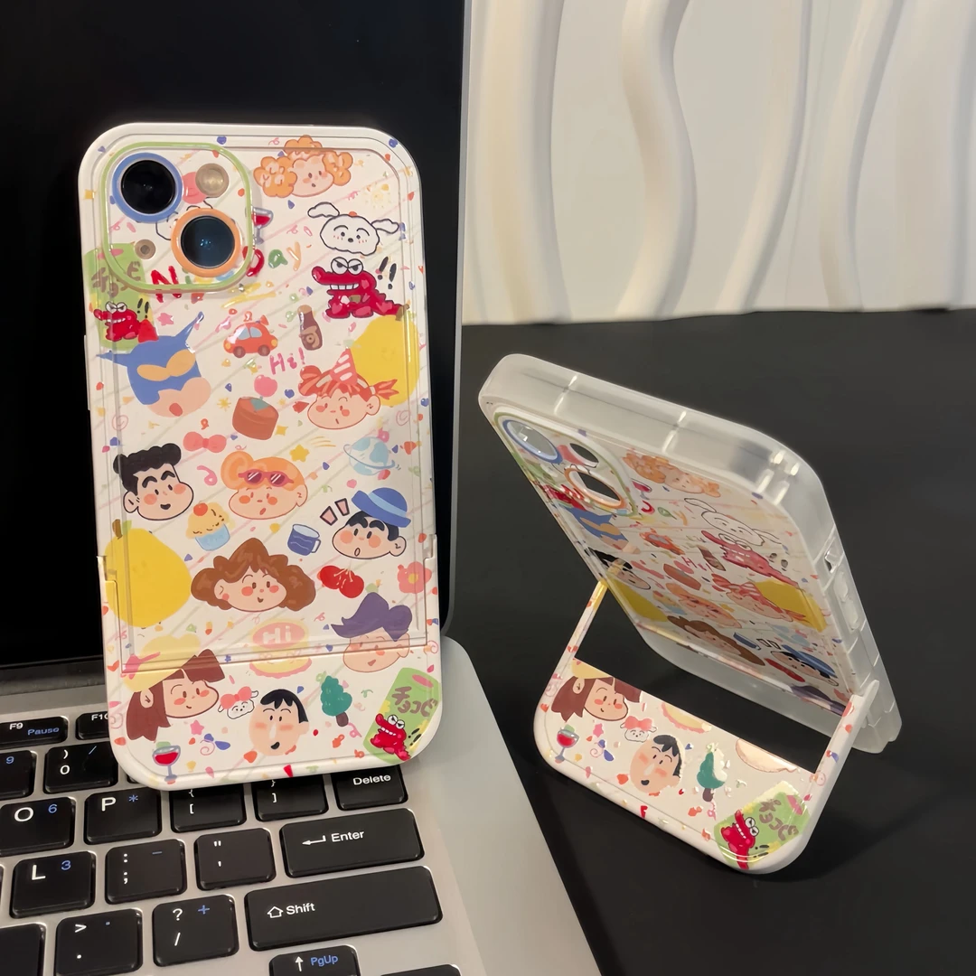 夕与空满屏小新家族翻盖支架适用苹果15手机壳华为vivo小米oppo软