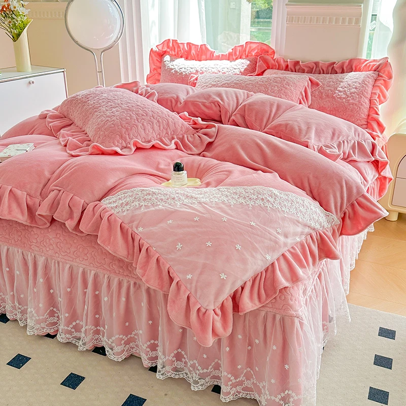 全消光牛奶绒床盖四件套重加厚婴儿绒法莱绒床裙款床盖款四件套