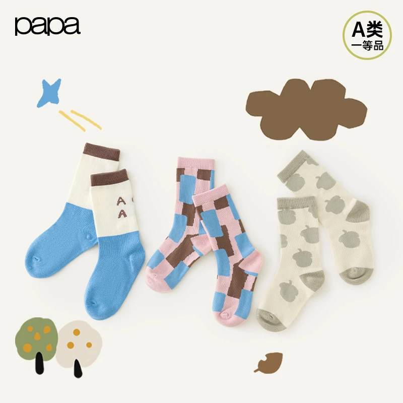 papa爬爬春秋季男女童毛织中筒袜休闲卡通儿童袜吸汗透
