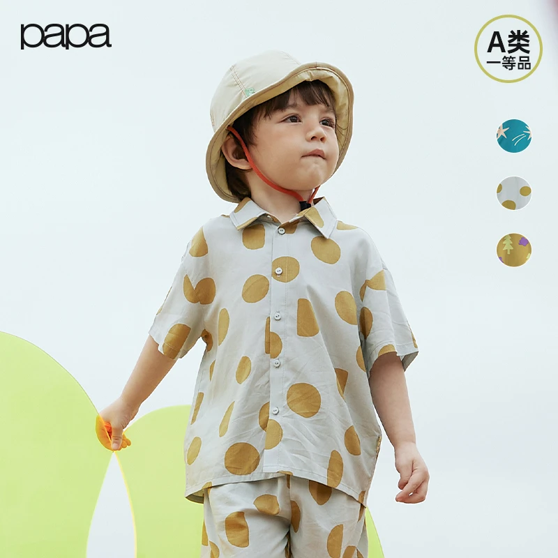 papa爬爬儿童短袖休闲宝宝夏季薄款印花满印时尚衬衫XL