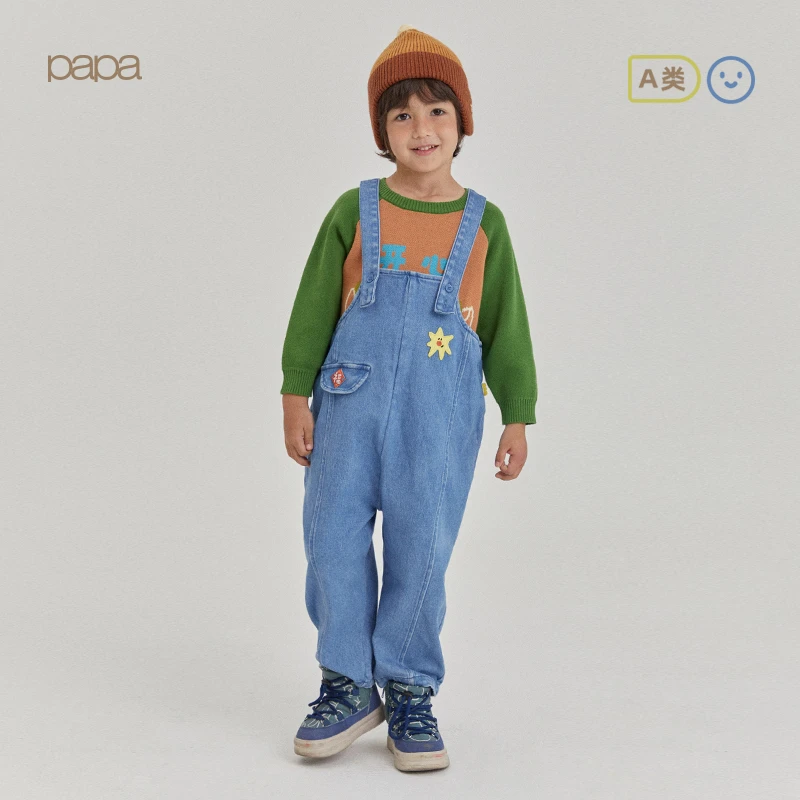 papa爬爬冬季儿童裤子新年龙宝宝男女童牛仔背带裤可爱洋气百搭潮