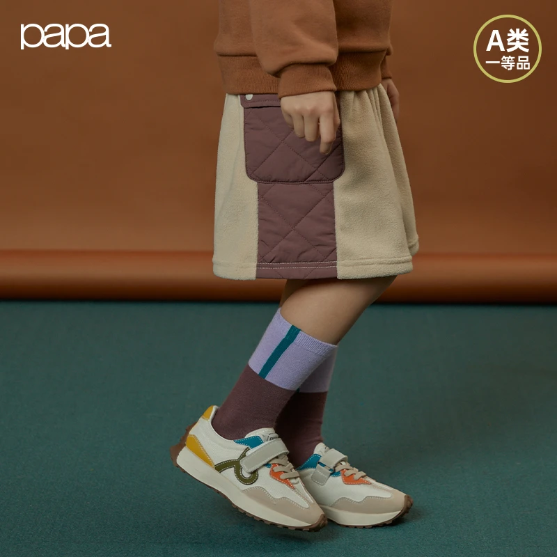 papa爬爬冬季新品女童拼接摇粒绒俏皮洋气半身裙