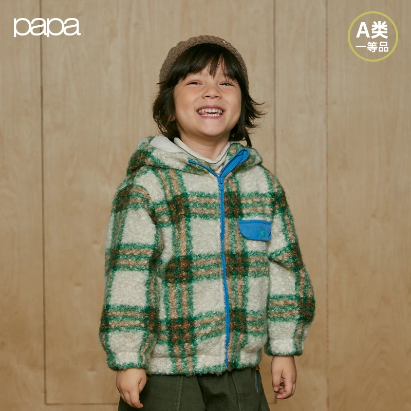 papa爬爬冬季儿童外套男女童毛呢格子加绒连帽上衣保暖