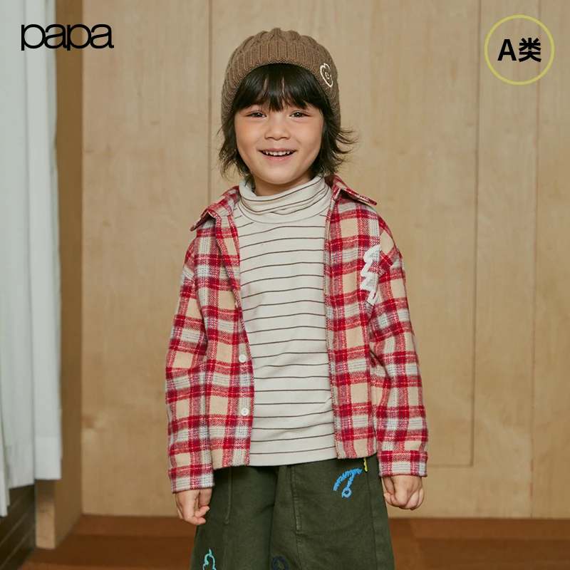 【商场同款】papa爬爬冬季儿童外套男女童格子毛呢衬衫上