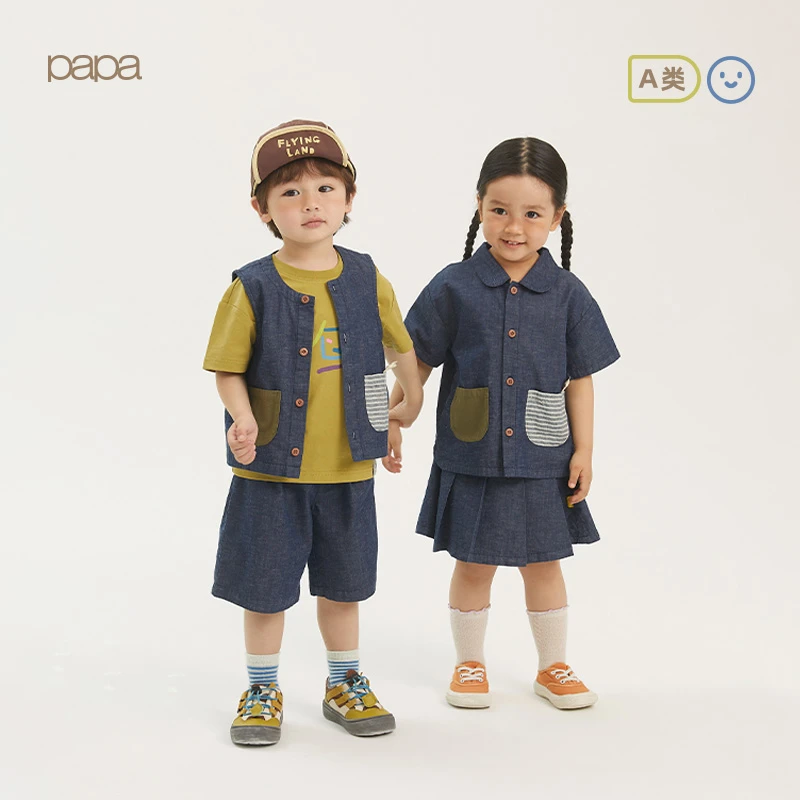 【线下清柜】papa爬爬夏季儿童衬衫短袖牛仔男女宝宝翻领