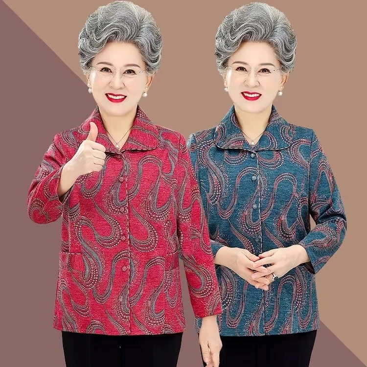 老太太秋装奶奶装长袖衬衫老年人衣服女妈妈薄款外套翻领上衣