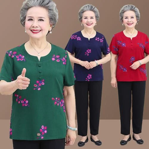 中老年人女装奶奶夏装短袖T恤60岁老人衣服妈妈夏季圆领上衣