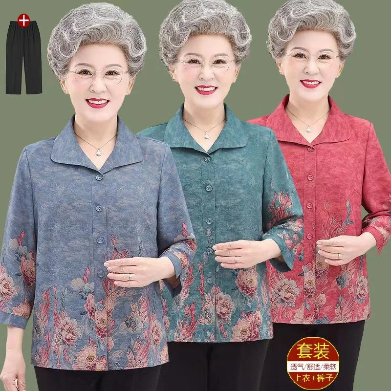 奶奶装夏装衬衫女妈妈夏季套装老太太七分袖上衣中老年人衣服7080