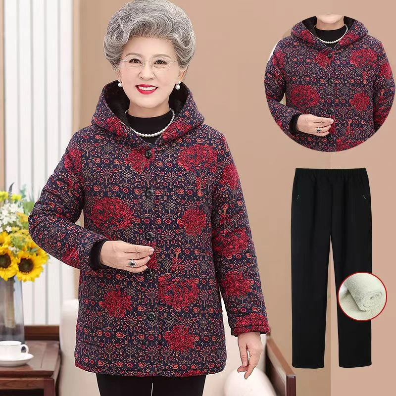 中老年女装冬季加绒加厚棉衣保暖奶奶装中长款棉袄外套