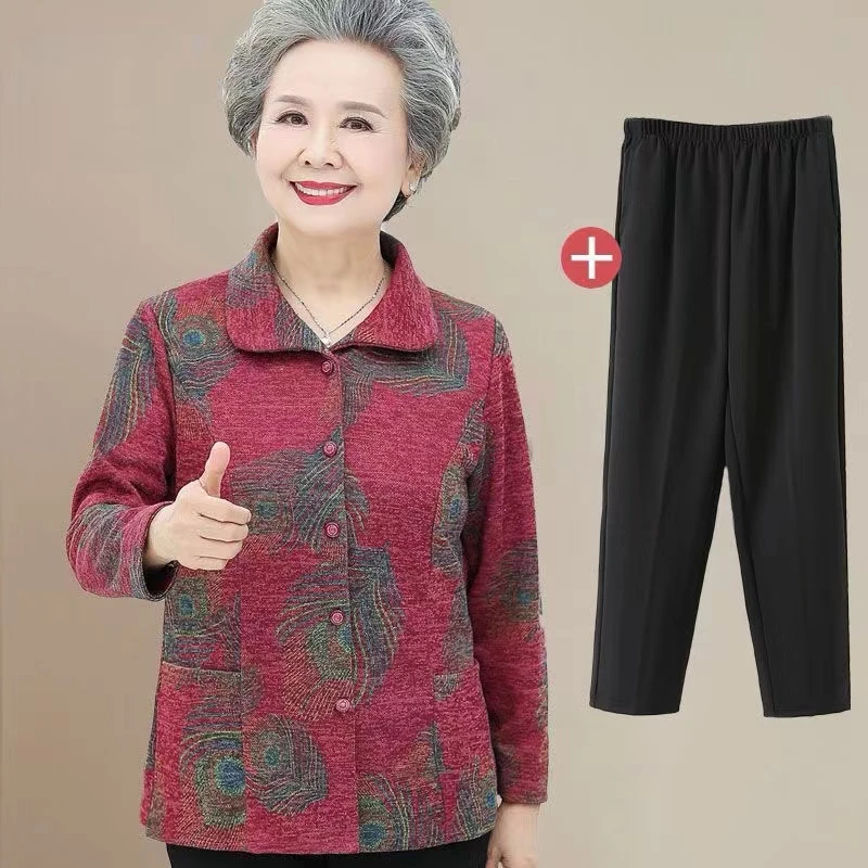 中老年人秋装女装70岁奶奶长袖衬衫妈妈装春秋上衣套装老太太外套