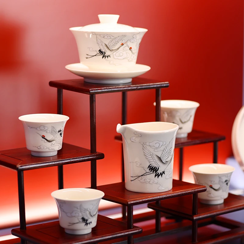 八义窑 手绘“云间仙鹤”国家非遗传承经典盖碗公道杯茶具礼盒孤品