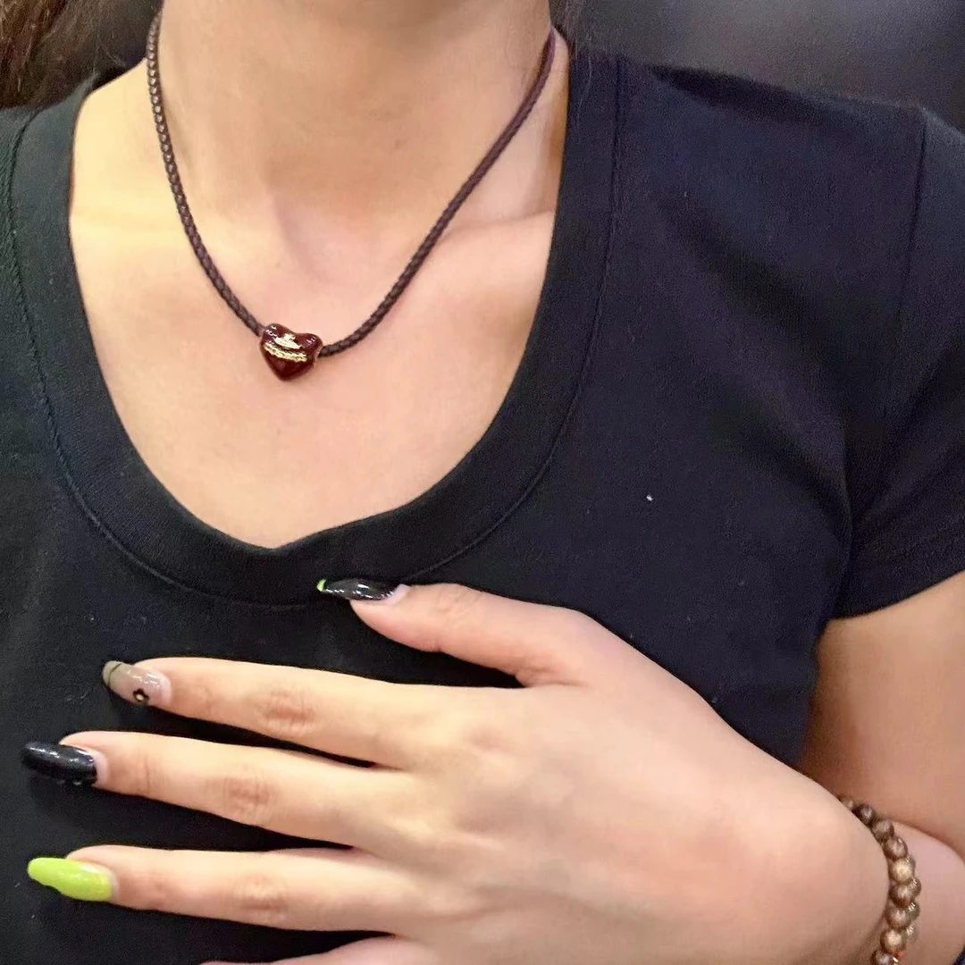 铜合金项链 酒红色爱心个性项链-3001