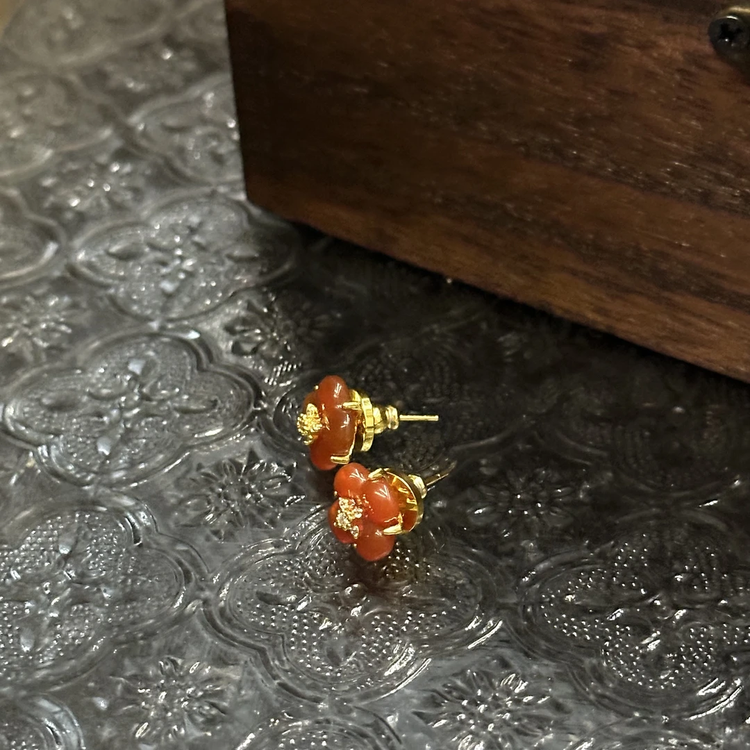 铜合金耳饰 高级感红色四叶花耳饰-66280