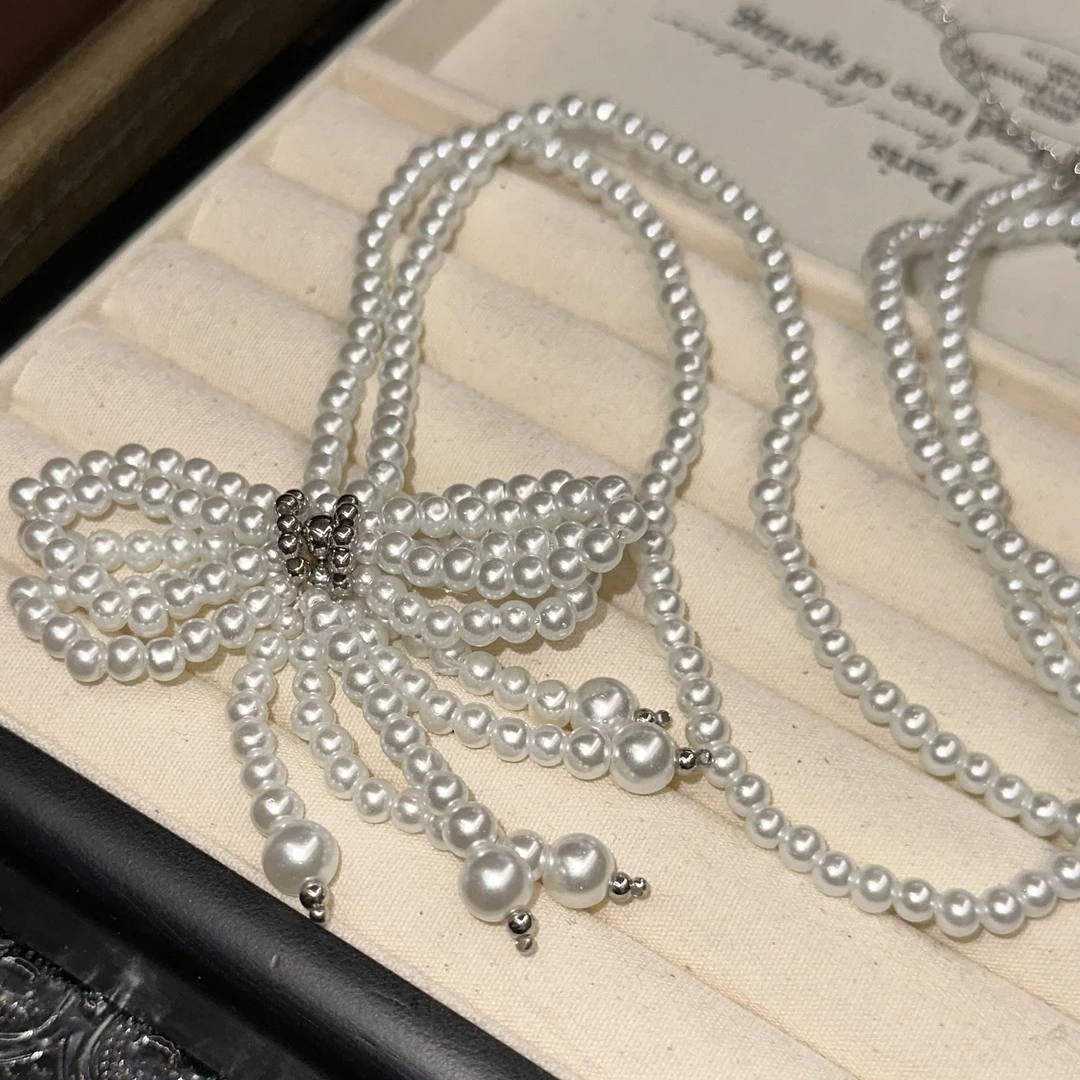 钛钢项链 珠珠长款设计感蝴蝶结项链-2626