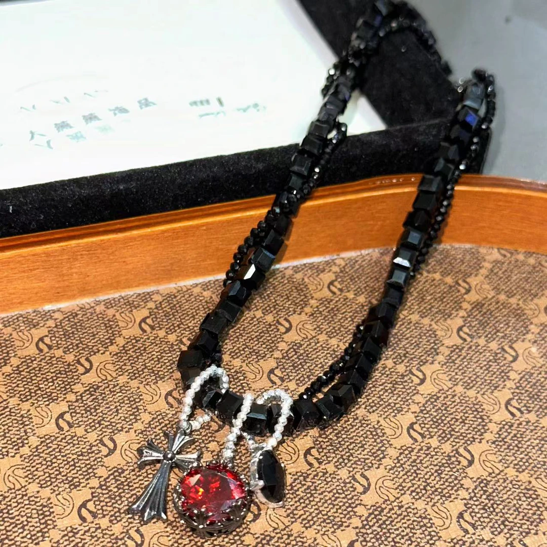 钛钢项链 十字架黑色双层项链-2913