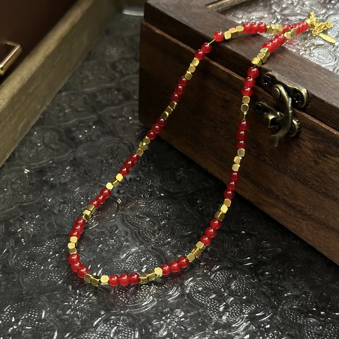 钛钢项链 红色间隔珠珠项链-3152