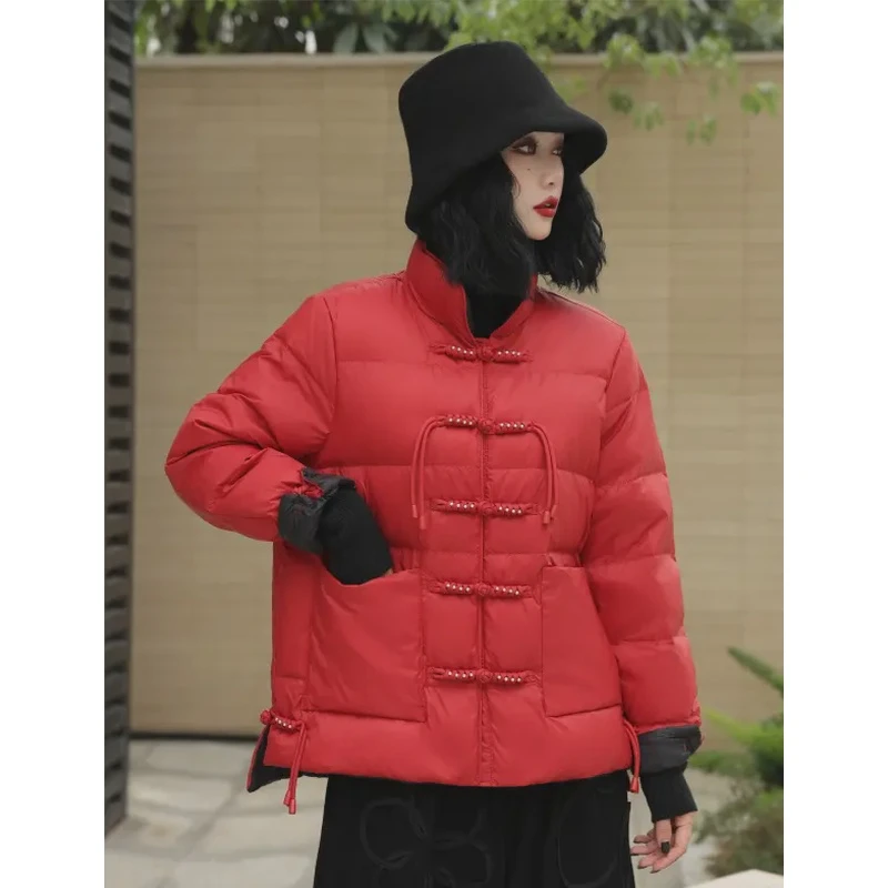 玛罗兰 正品轻羽绒 新国风手工撞色减齡穿搭女 珍珠盘扣外套