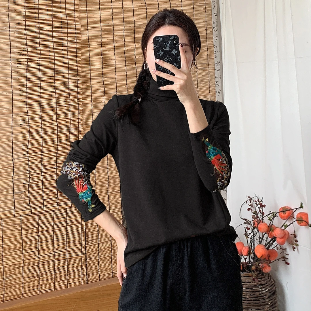 【新时尚款棉绒打底】绣花立领保暖时尚上衣刺绣百搭打底衫