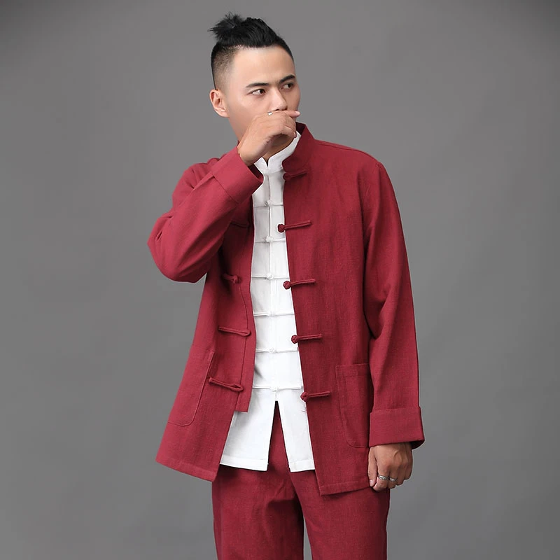 唐装男士立领复古青年棉麻套装亚麻中山装居士服中国风长袖三件套