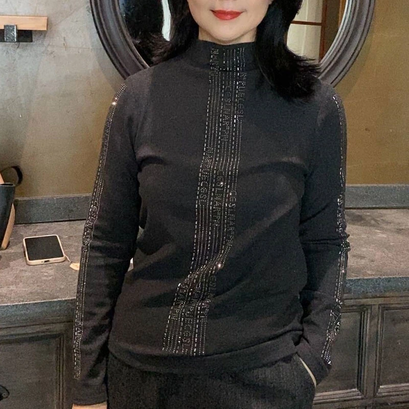 （拉绒内里）保暖半高领烫钻打底衫气质显瘦女士上衣打底衫7502