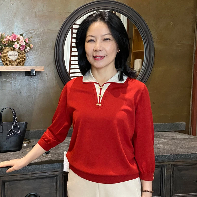 春季新款气质妈妈装莱赛尔天丝针织衫显瘦长袖时尚翻领毛衣E-125