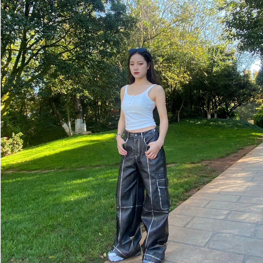 A102美式朋克小众宽松擦色皮裤女黑色宽松直筒长裤