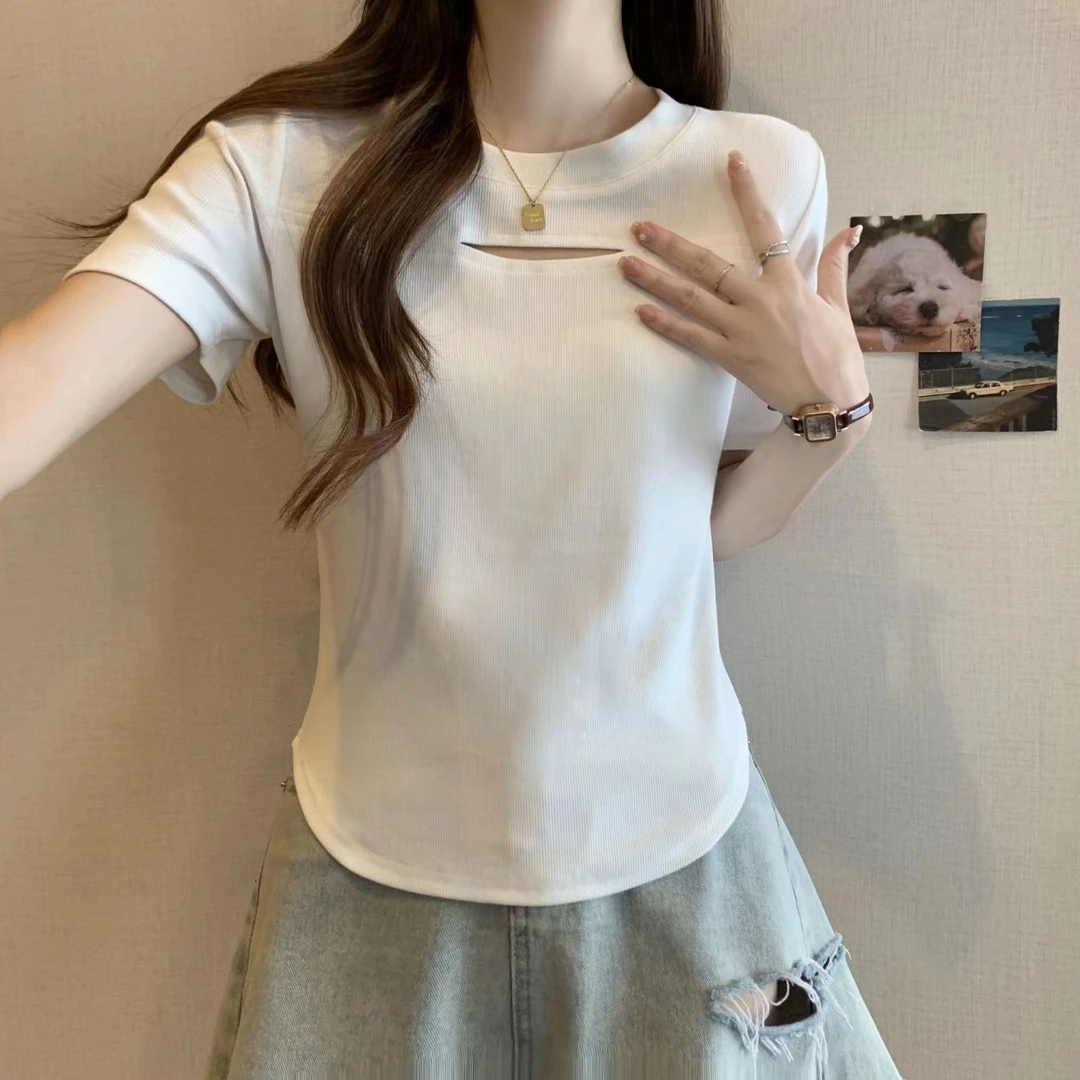 性感纯欲风镂空正肩短袖t恤女美式辣妹上衣设计感小众ins甜辣针织