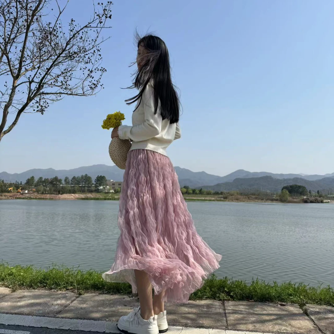 高级感纯色褶皱半身裙女春秋2024新款高腰显瘦中长款a字大摆纱裙.
