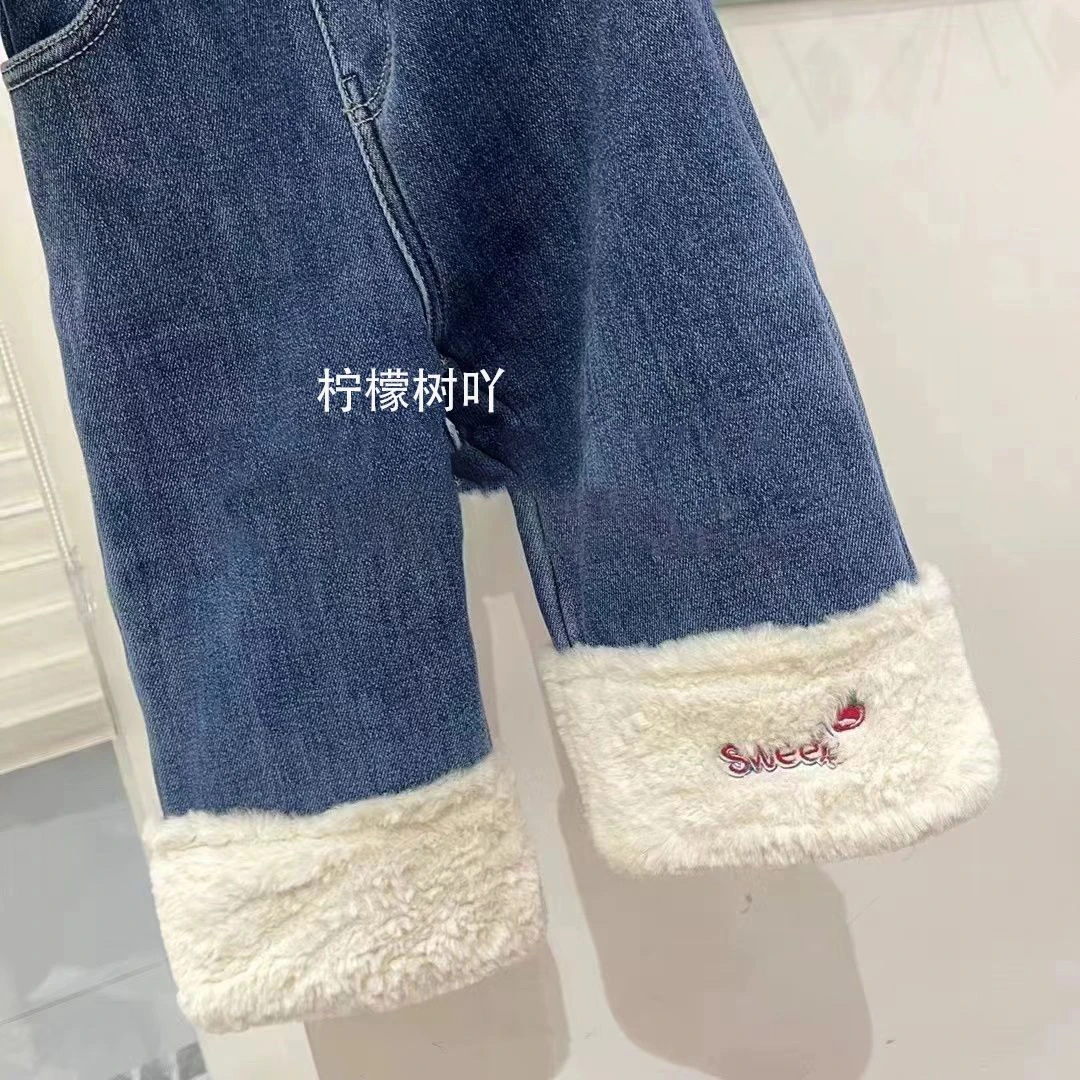 女童加绒裤子新款秋冬洋气女宝宝牛仔裤儿童刺绣加厚冬装一体绒KH