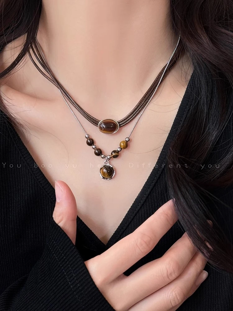 铜皮质项链 美拉德虎眼石项链女轻奢高级感小众双层叠戴锁骨链潮