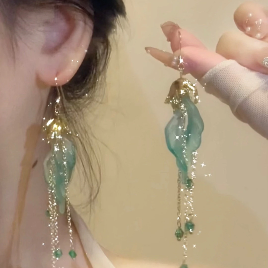 铜合金耳饰 森系超仙树叶流苏耳环女小众设计感时尚气质百搭耳饰s