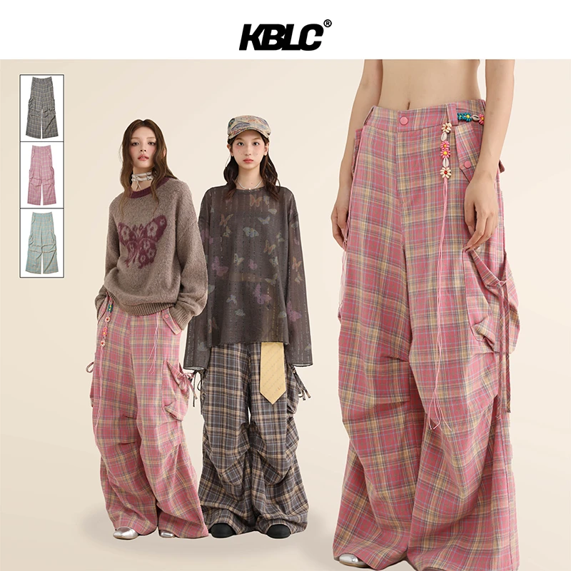 KBLC四季款粉棕格子大廓形伞兵口袋工装裤休闲情侣