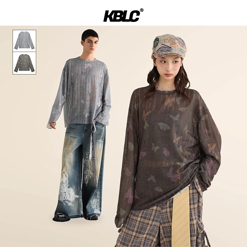 KBLC25春秋防晒薄款破洞休闲满印蝴蝶灰棕圆领长袖罩衫百搭