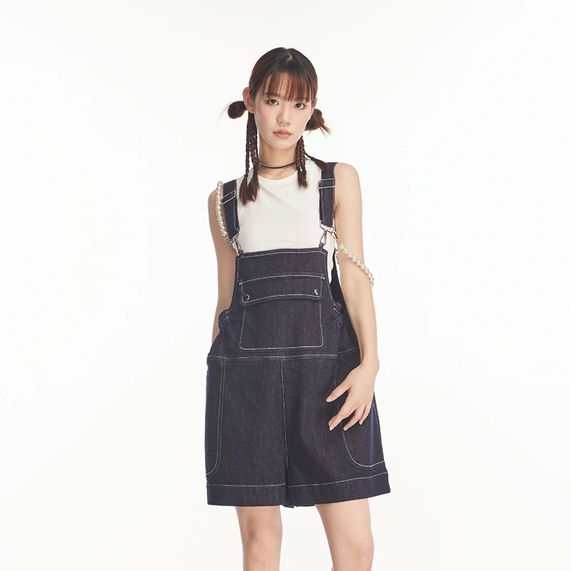 KBLC个性设计感珍珠链背带宽松牛仔娃娃时尚可爱阔腿减龄背带裤