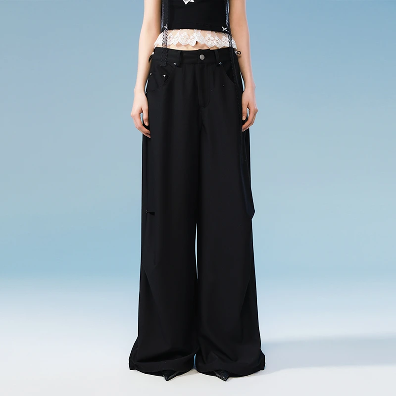 KBLC抽绳高腰小众工装裤压褶宽松长休闲百搭直筒裤